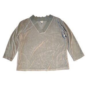 J. Jill Womens L Green / Gray Velour V-Neck 3/4 Sleeve Top